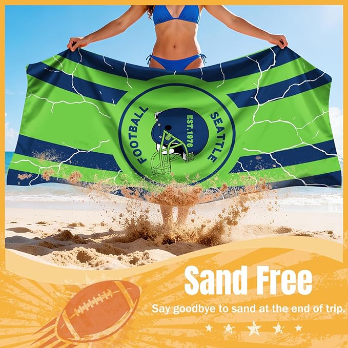 2 Pack Football Fan Thin Lightweight Microfiber Beach Towel Seattle Themed Quick Dry Absorbent Packable Oversized Towels Men Women Gear Seahawks Team Dad Husband Guy Him Christmas Cool Useful Gifts