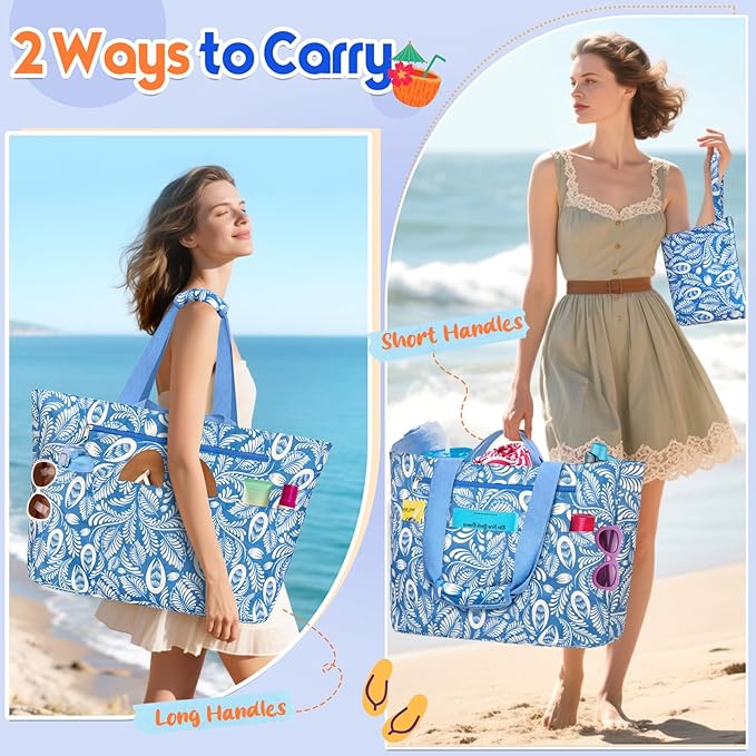 BKNOOU Extra Large Beach Bags Waterproof Sandproof XL Beach Tote Bag for Women Zipper Foldable Swim Pool Bag with Wet Pocket
