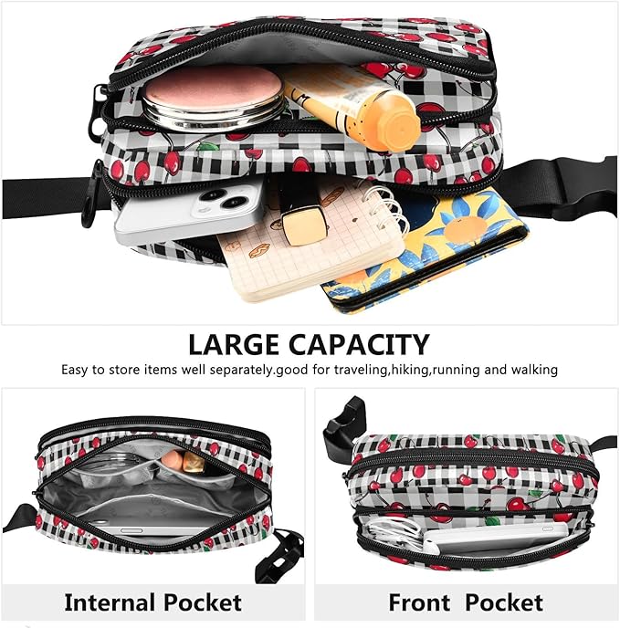 Cherry Fruit Black White Checkered Plaid Fanny Pack for Women Men Water Resistant Fashion Waist Packs with Adjustable Strap Belt Bag for Travel Workout Jogging Hiking 21219423