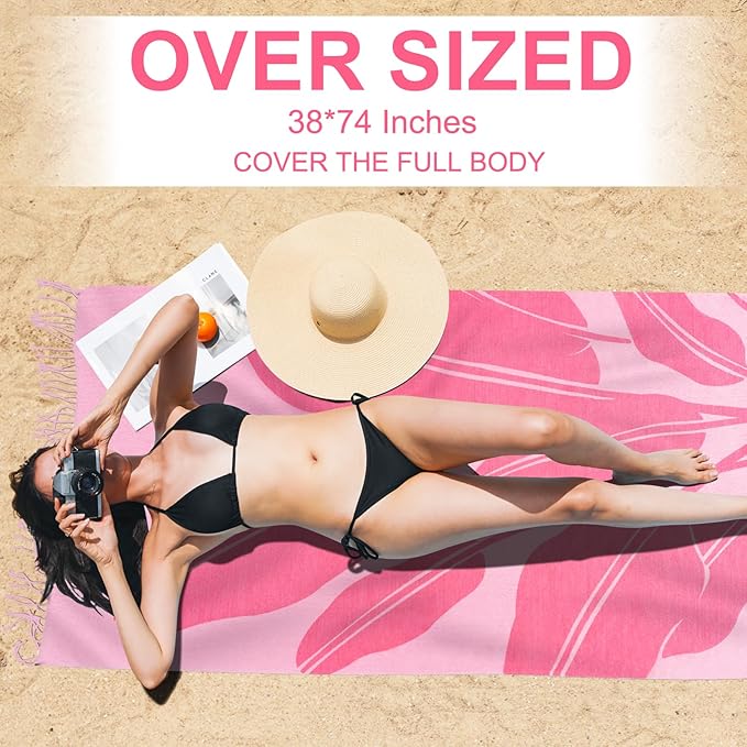 Genovega Oversized Cotton Turkish Beach Towels 72"x36" Lightweight Quick Dry Sandless Pool Swim Towel Large No Sand Adult Travel Compact Blanket Essentials Cruise Accessories Must Haves Pink Leaves