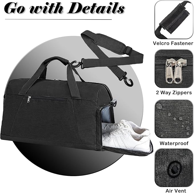 Gym Bags for Women Men with Wet & Shoe Compartment, 40L Foldable Travel Duffle Bag, Lightweight Weekender Overnight Duffel Bag for Traveling Sports Gym (Black)