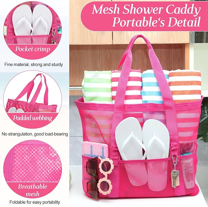 Hillban Large Beach Mesh Bags Bulk for Women Beach Tote Bag with 8 Pocket Zipper Waterproof Sandproof for Pool Cruise Ship