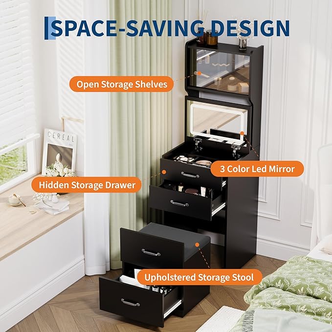 Garvee 3 in 1 Vanity Desk with 3 Color LED, Compact Makeup Vanity Set with 2 AC Outlets & USB, Dressing Table with Drawers & Acrylic Doors, Nightstand Vanity Mirror, Jewelry Box, Hidden Chair, Black