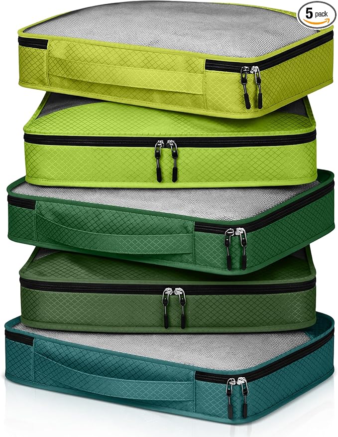5 Pcs Packing Cubes for Suitcase Large Travel Cubes Carry on Luggage Organizer Bags for Clothes Accessories(M,Green)