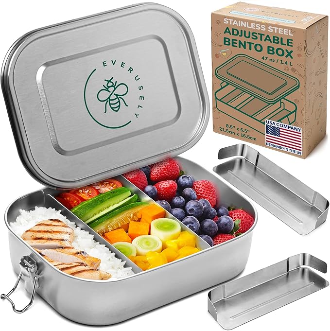 Everusely - Stainless Steel Lunch Box - 47 oz / 1.4 L, 2 Adjustable Dividers - Leakproof Snack and Salad Bento Containers for Adults - Food Storage Boxes with Lids for Work, Picnics, Travel