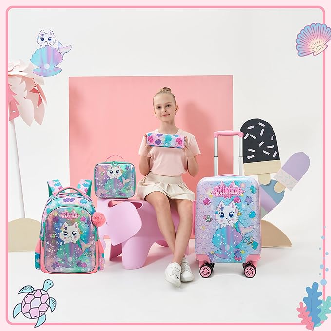 Suitcase for Kids 16inch 5pcs Luggage Set for Girls Travel Suitcase Hard Shell Luggage Sets with Spinner Wheels Carry on Luggage Airline Approved