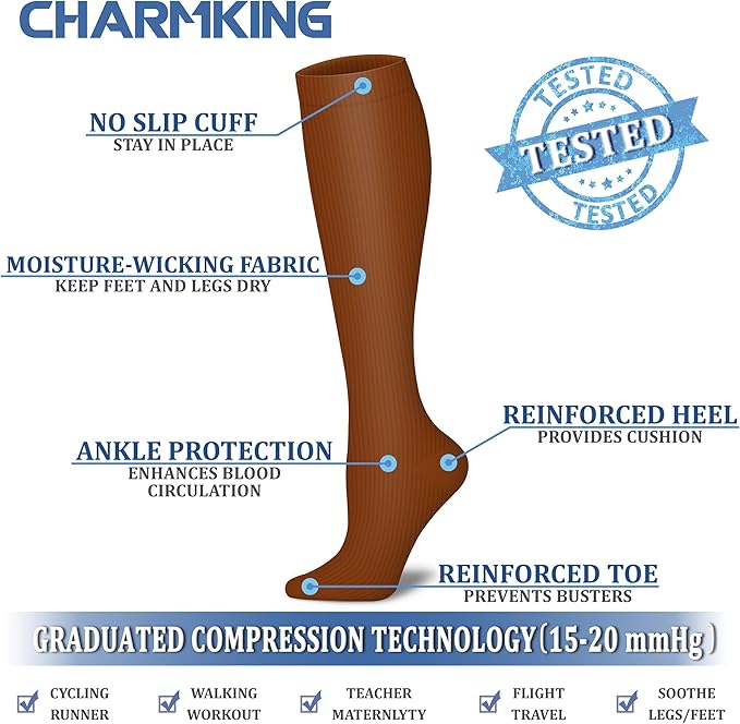 CHARMKING 6 Pairs-Compression Socks for Women & Men Circulation Best Support for Nurses, Running, Athletic,Flight Travel