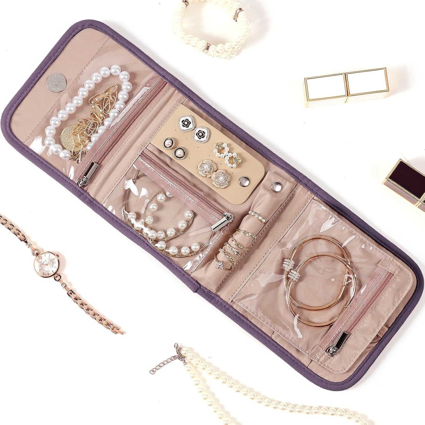 BELALIFE Travel Jewelry Case Organizer, Small Foldable Storage Roll for Earrings, Necklaces, Rings, Bracelets, Brooches, Purple