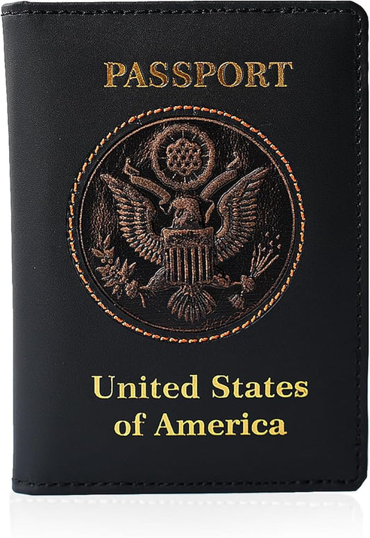 RFID Leather Passport Cover USA - Premium Travel Wallet with 6 Card Slots, ID Window, Boarding Pass Holder, Cash Compartment + Free Keychain (Black)
