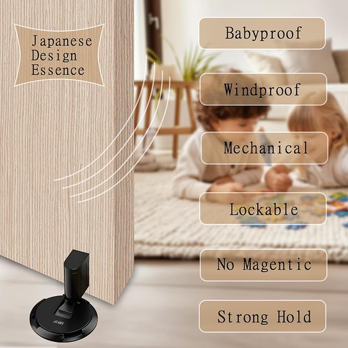 UBVIF No Magnetic Door Stopper, Adjustable, Mechanical Doorstop, Windproof Door Stop for Indoor, No Nails/Screws Needed,Heavy Duty Door Holder,Keep Door Open (1, Matte Black)