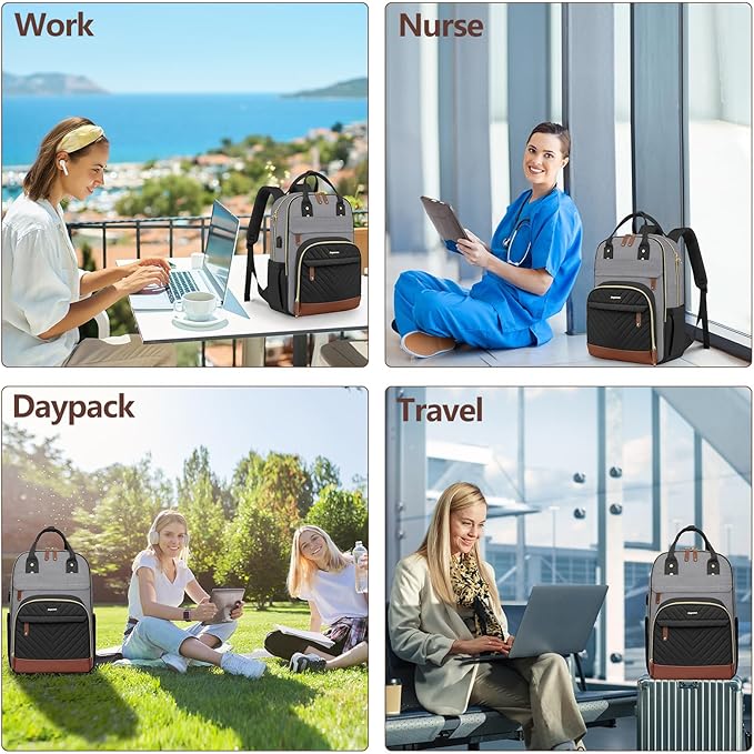 Laptop Backpack for Women Work Bag - 15.6 inch Travel Backpack Purse with USB Charger College Bookbag Waterproof Casual Daypack Fashion Business Computer Backpacks for Teacher Nurse Black Grey Brown