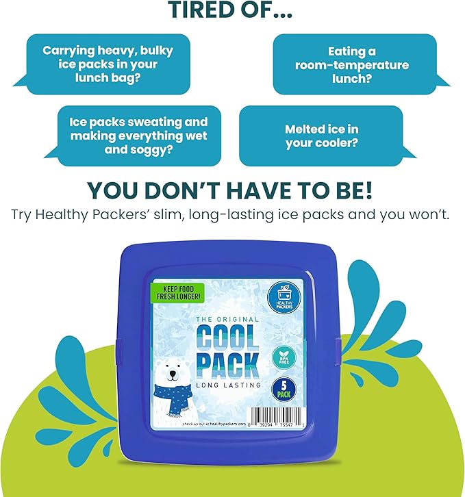 Healthy Packers® Reusable Ice Packs for Lunch Boxes Kids and Adults | Long‑Lasting Thin Freezer Packs for Coolers, Bento Boxes, Lunch Bags, Travel, School Meals, and Meal Prep (5-Pack | Square)