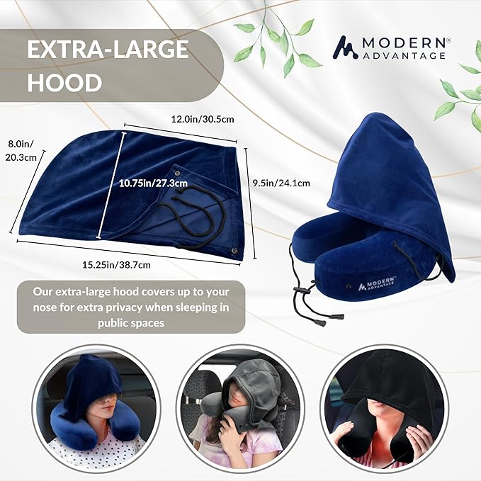 Modern Advantage Inflatable Travel Pillow for Airplanes with Comfort Hood, Adjustable Neck Support, Lightweight & Compact Flight Pillow for Sleeping on Long Flights & Travel (Blue)