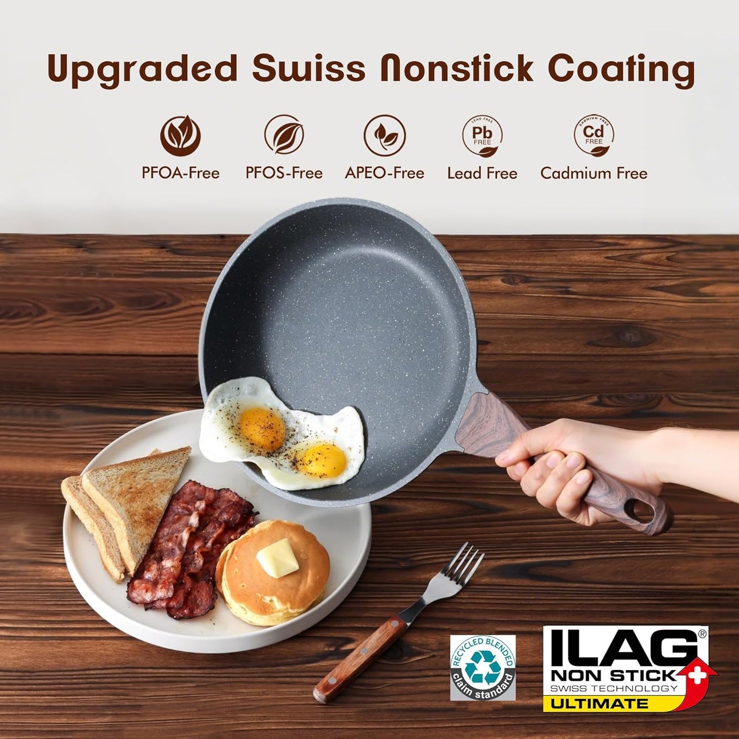 SENSARTE Nonstick Frying Pan Skillets, Swiss Granite Coating Omelette Pans, Healthy Cookware Chef's Pan, Free of Intentionally Added PFOA (8+11Inch with Lid)