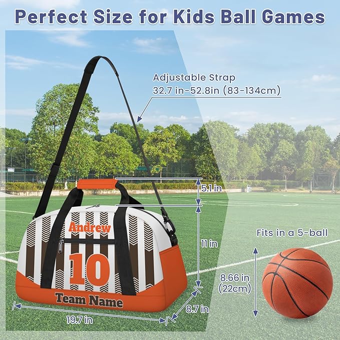 Basketball Soccer Gifts for Boys Girls - Custom Sports Duffle Bag, Personalized Name & Team Bag, Water-Resistant Gym Bag for Basketball, Soccer, Volleyball | Y-Brown Orange