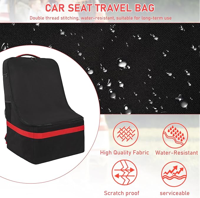 Padded Car Seat Travel Bag for Airplane, Heavy Duty Car Seat Bag for Air Travel Gate Check Carseat Carrier Bag with Shoulder Strap, Fits Most Baby & Infant Car Seats (Black Red)