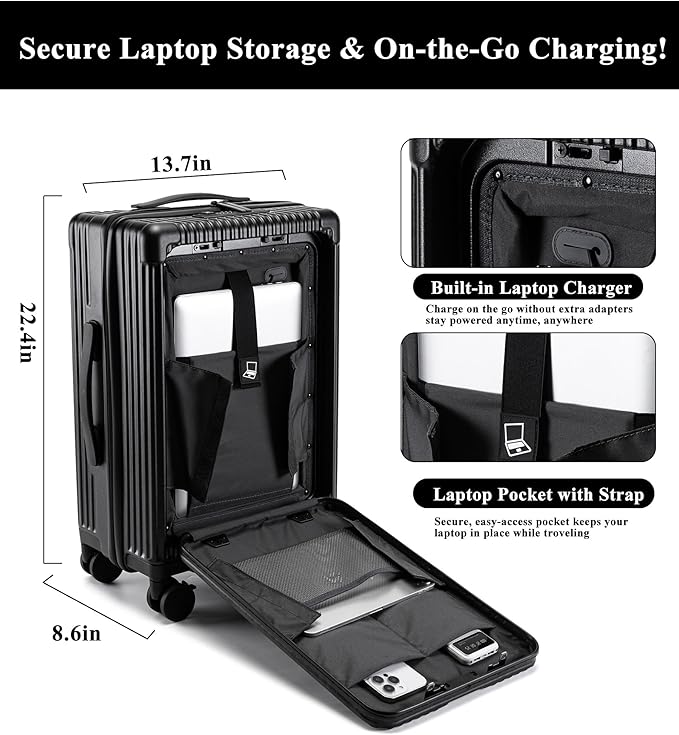 feilario 20in Hardside Spinner Wheel Luggage with Zipper Closure, Built-In TSA lock Carry on Suitcase, with Cup Holder & USB Port & Phone Holder Black(with zipper closure, 20in)