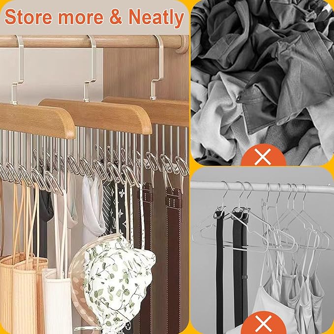 Bra Hangers 3 Pack - with 16 Non-Slip 360Rotating Metal Hooks for Tie, Hat, Bra, Wooden Multi Hook Hanger - Saves Space