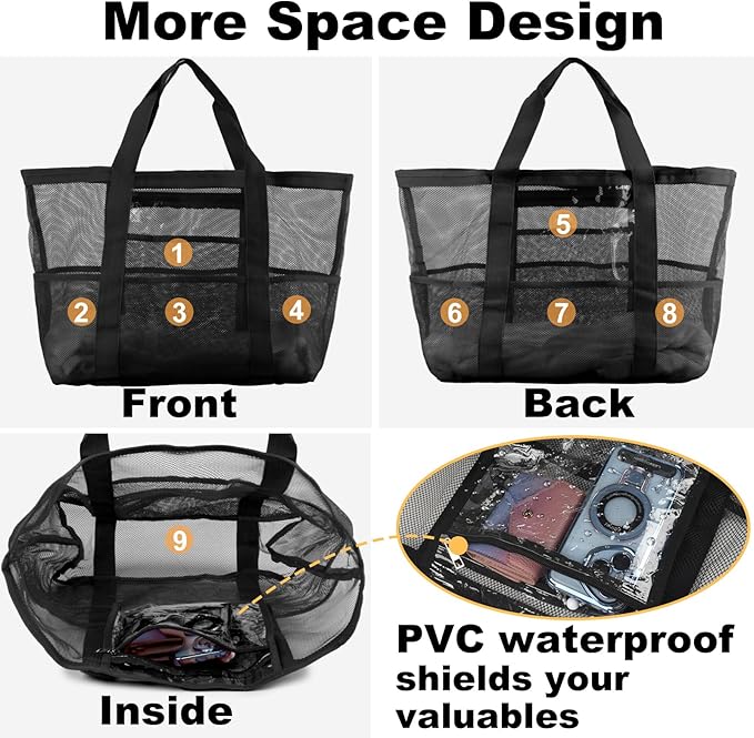Mesh Beach Bag,Large Beach Bags for Women with 8 Pockets,Packable Tote Bag for Beach Cruise Pool Vacation Essentials