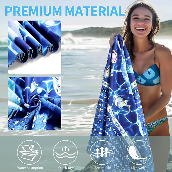 2 Pack Microfiber Beach Towel: Blue and Blue Oversized Pool Towel 75”x 35”, Sand-Free Quick Drying Camping Super Absorbent Bath Blanket, Soft Breathable and Lightweight for Kids & Adults