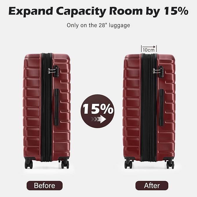 Coolife Expandable Large Checked Luggage with Spinner Wheels, Hard Shell Suitcase TSA Lock Rolling Travel Luggage 28-inch,Wine Red