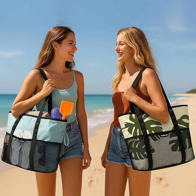 Large Beach Bag with Zipper-8 Pockets Sandproof Beach Tote Bag for Women,Foldable Lightweight Family Swim Bag Vacation