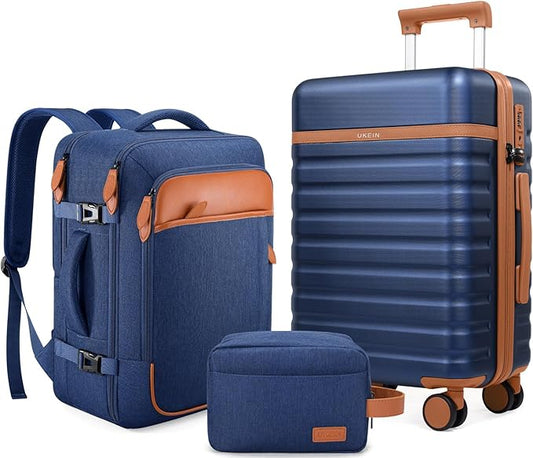 UKEIN Luggage Sets 3 Piece, PC Hardside Large Luggage 24 Inch With Spinner Wheels with TSA Lock, Carry On Suitcase Set With Travel Backpack for Men (Blue, 3 piece set (24inch))