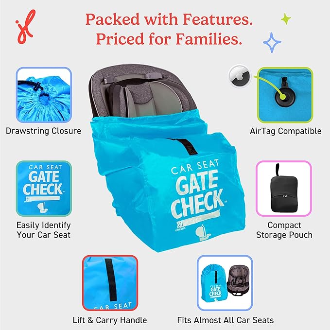 J.L. Childress Gate Check Travel Bag for Car Seats - Car Seat Travel Bag for Airplane, Includes AIRTAG Holder, Fits All Baby Carriers, Infant Carriers & Child Booster Seats - Neon Blue