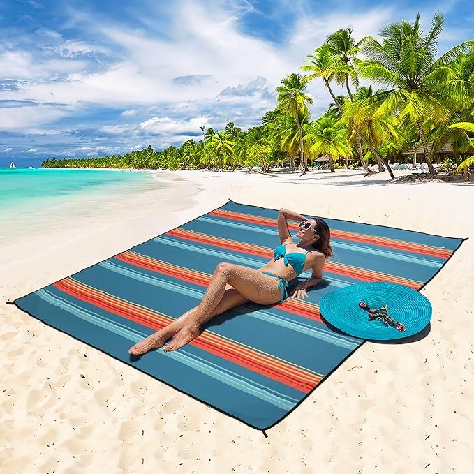 Beach Blanket Waterproof Sandproof Beach Mat 79" X 83"/10'x9'for 2-8 Adults Quick Drying Outdoor Picnic Mat Beach Accessories for Travel, Camping, Hiking