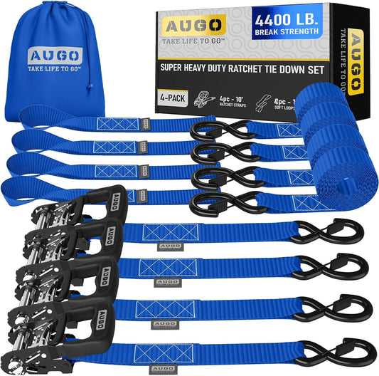 AUGO Heavy Duty Ratchet Straps & Soft Loops – Pack of 4 Extra Strong 1.5” by 10’ Ratchet Straps w/S-Hook Safety Latches & 4 Soft Loop Tie Downs – 4400Lb Break Strength for Motorcycles, ATVs, Etc.