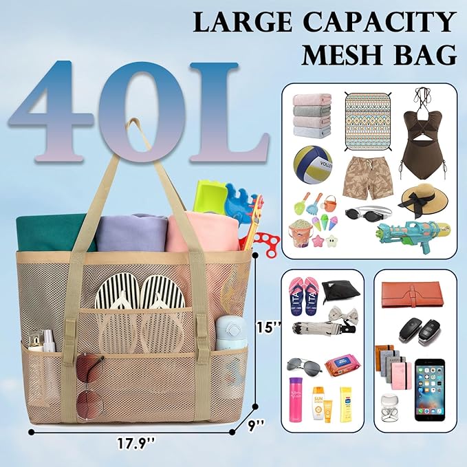Mesh Beach Bag, Large Beach Tote with Zipper Pocket, Toys Pool Bag for Family Travel Vacation Cruise Essentials