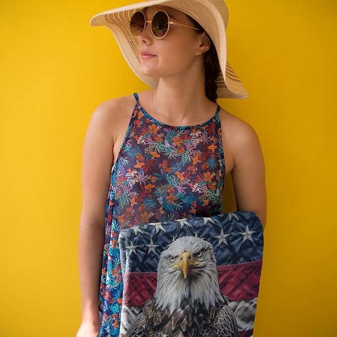 Patriotic American Eagle Beach Towel 30”x60” – 100% Cotton Velour, Absorbent, Quick-Dry, Easy-Pack for Spring Break, Vacation, Beach, Pool, or Sunbathing – Lightweight, Compact – USA Novelty Gift