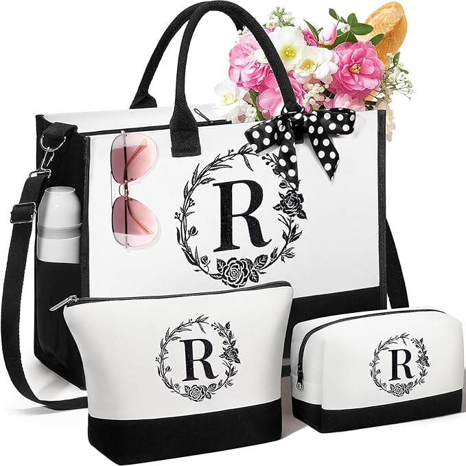 Personalized Gifts for Women, Initial Canvas Tote Bag & Makeup Bag Monogrammed Beach Tote Bags for Women w/Zipper, Easter Gift Bags Mothers Day Birthday Gifts for Mom Her Sister Best Friend Teacher