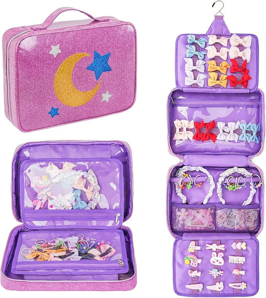 Hair Accessories Organizer for Girls, Dust-proof Baby Bow Holder, Travel Hair Storage Bag for Hair Clips, Headbands, Scrunchies and Hair Ties,Purple