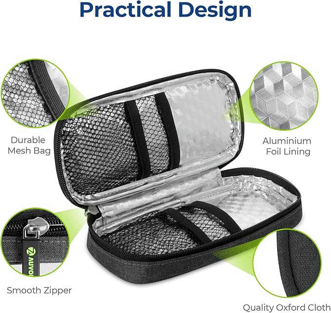 AUVON Insulin Cooler Travel Case with 2 x 90g TSA Approved Ice Packs, Diabetic Medication Insulated Cooling Bag for Insulin Pens and Diabetic Supplies Storage, Compact for Daily Life and Trips