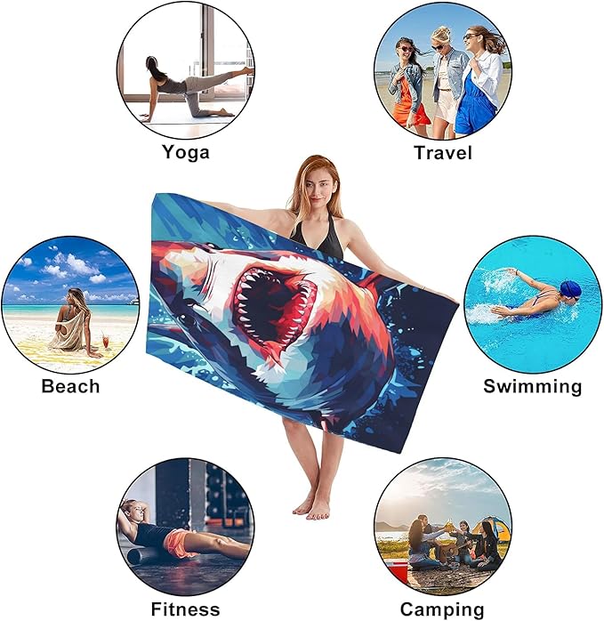 Microfiber Beach Towels,Watercolor Wild Animal Shark in Deep Sea Oversized Absorbent Bath Towels,Soft Quick Dry Thin Camping Towel for Adults Women Men,29.5"×59"
