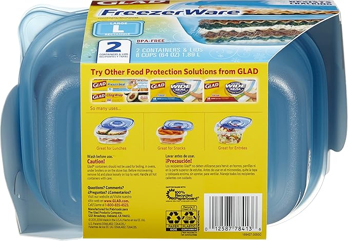 Glad GladWare FreezerWare Food Storage Containers with Lids, Large Rectangle No BPA Plastic for Freezing Soups Meals and Batch Cooking, Crack Resistant, Microwave Dishwasher Safe, 64 Oz, 2 Ct - 6 Pk