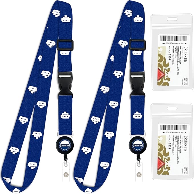 Cruise On Cruise Lanyard for Ship Cards – 2-Pack Retractable Badge & Waterproof Key Card Holder for Ship Cards – Cruise Essentials 2026-2027, Perfect for Travel & Vacation (Blue Cruise Ship)