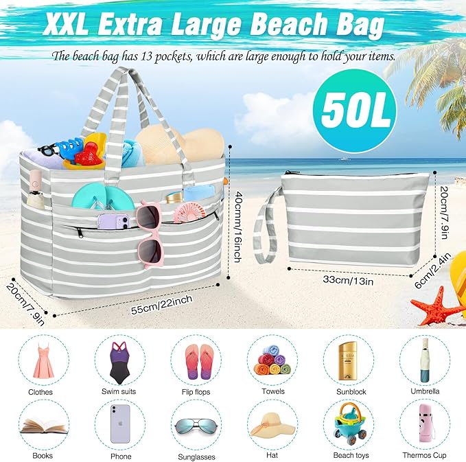 HUANLANG Extra Large Beach Bag Waterproof Beach Totes Bags for Women Men,Pool Bag with Zipper Wet Pocket