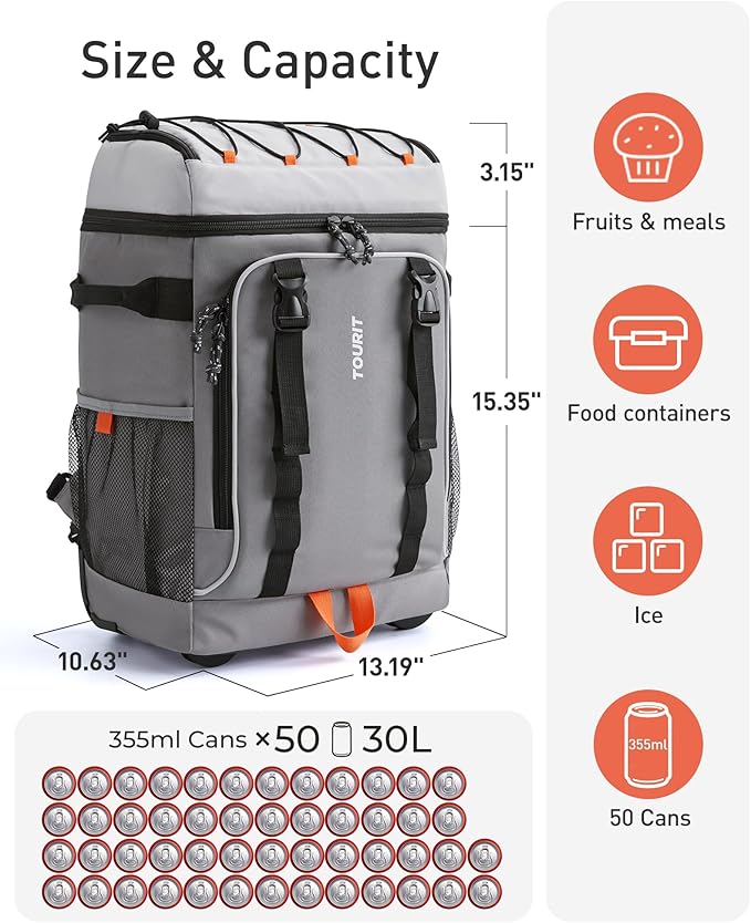 TOURIT 50-Can Rolling Backpack, Double Deck & Dual-Bar Handle Travel Soft Cooler Bag with Wheels, 30L Space Beach Cooler Size 18"(15"+3")×13"×11"