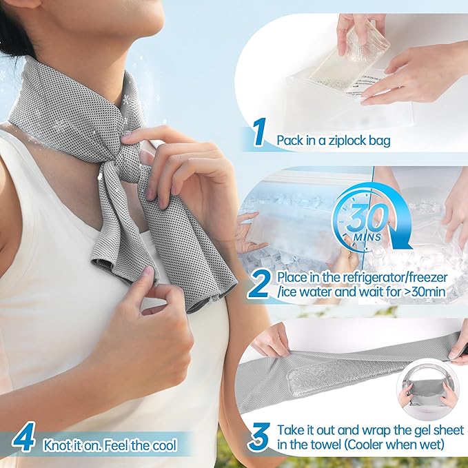 Dual-Action Cooling Neck Wraps, 37”x12” Cooling Towel + 220g Gel Sheet, Neck Coolers for Hot Weather, Ice Pack, Washable Gym Towel