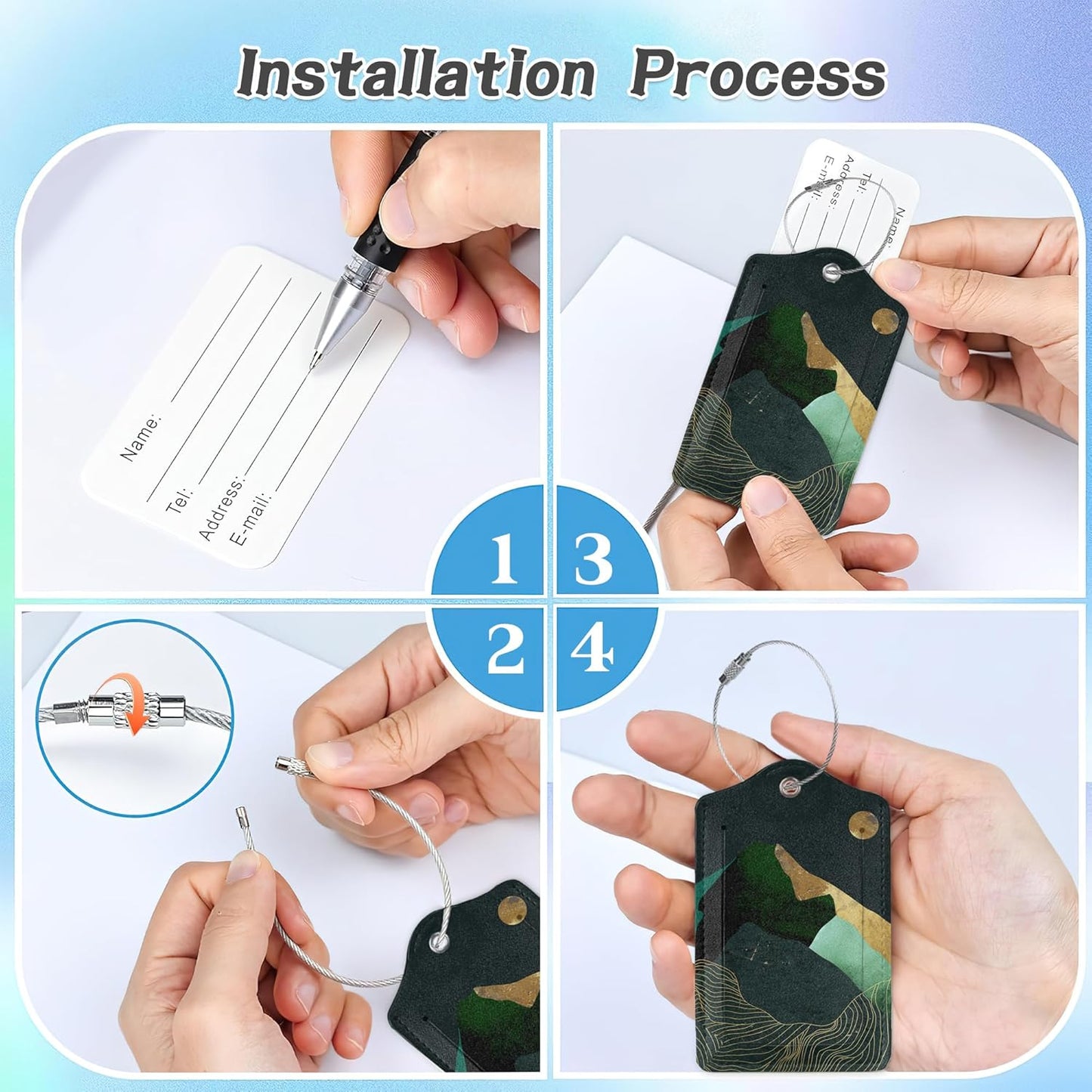 3 Pack Luggage Tag for Suitcase,Green Gold Abstract Mountains Moon Leather Luggage Tags with Privacy Cover Name ID Label Identifiers Travel Bag Tags for Women Men Boys Girls