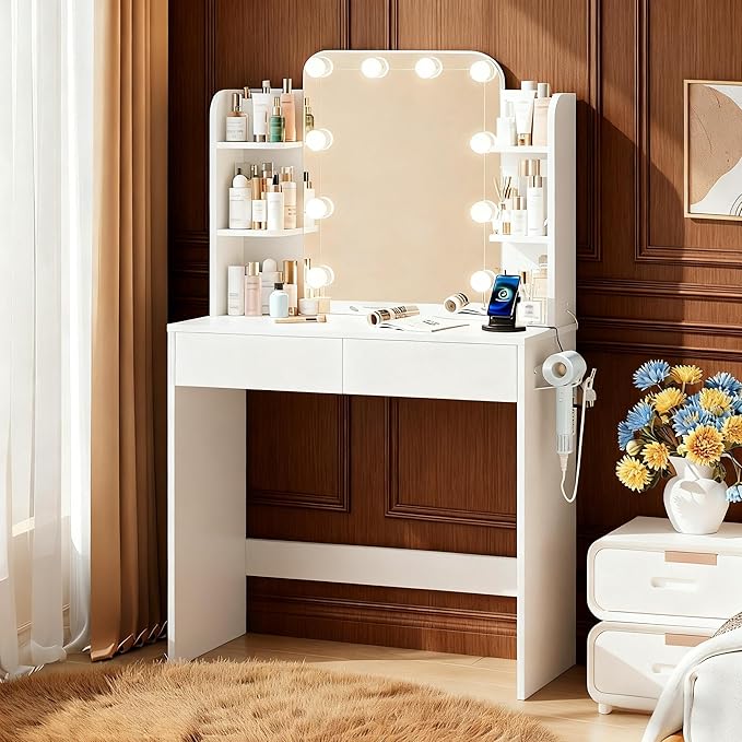 wanan Vanity Desk with Mirror and Lights 3 Colors, Girls Vanity Set with Power Outlet, Compact Vanity Table for Small Space, White Vanity Desk only