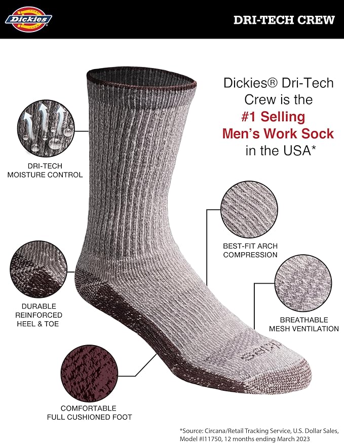 Dickies Men's Dri-Tech Original Moisture Control Crew Socks, Available in M-XXL (6, 12, 18 Pairs)