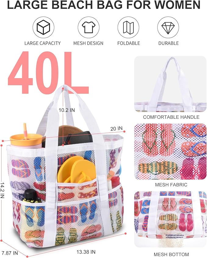 Genteen 40L Mesh Beach Bag, Foldable Sandproof Tote with Waterproof Pocket Quick Dry for Women Family Pool Vacation（White
