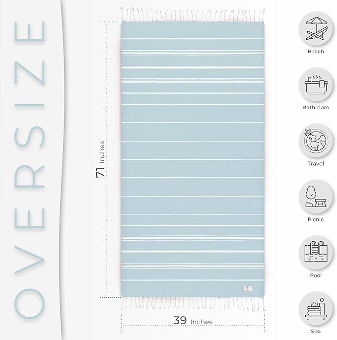 Turkish Beach Towel Quick Dry & Absorbent Oversized (39" x 71") - Compact, Versatile and Functional as Travel Blanket, Bathroom, Shower, Gym and Pool Towels, Yoga, Bath Mat - Baby Blue