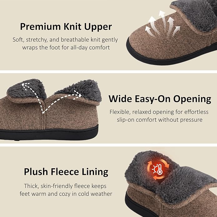 Men’s Knit Bootie Slippers Warm Fold-Over Ankle Collar Plush Fleece Lined Memory Foam House Shoes Cozy Winter Non-Slip Indoor Outdoor Slippers for Men
