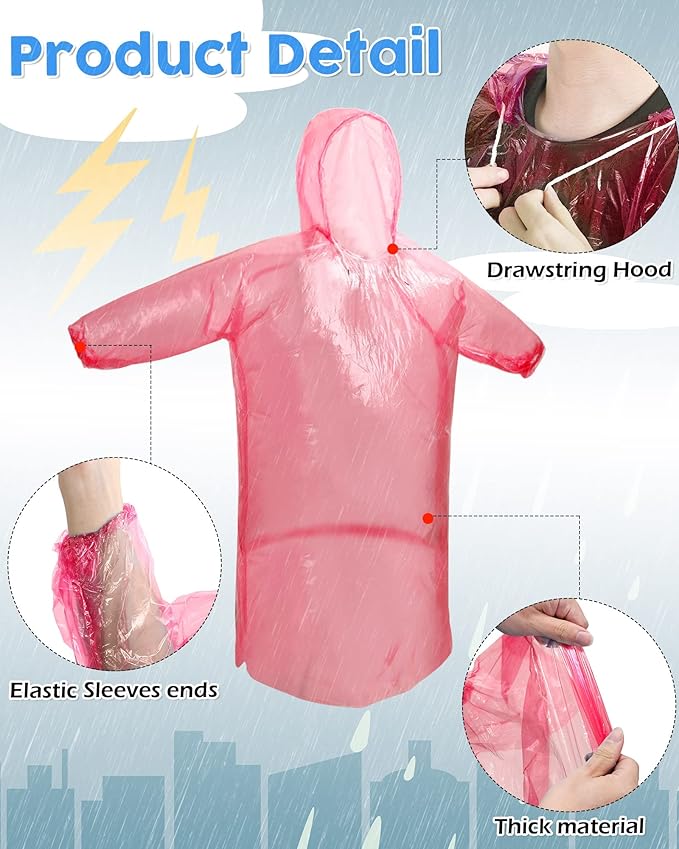 JaGely 80 Pack Disposable Adult Rain Ponchos Bulk Wedding Family Travel Theme Parks Homeless Hooded Elastic Outdoor Raincoat(Multicolor)