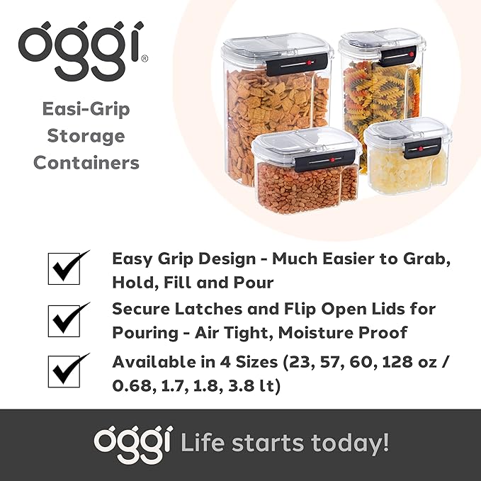 Oggi Easi Grip 128oz Moisture Proof Storage Container, Ultra Clear BPA-Free Sealable Canister, Flip Open Pouring Lid, Date Reminder Slider on Clip, Ideal Kitchen and Pantry Storage (128oz / 3.8lt)