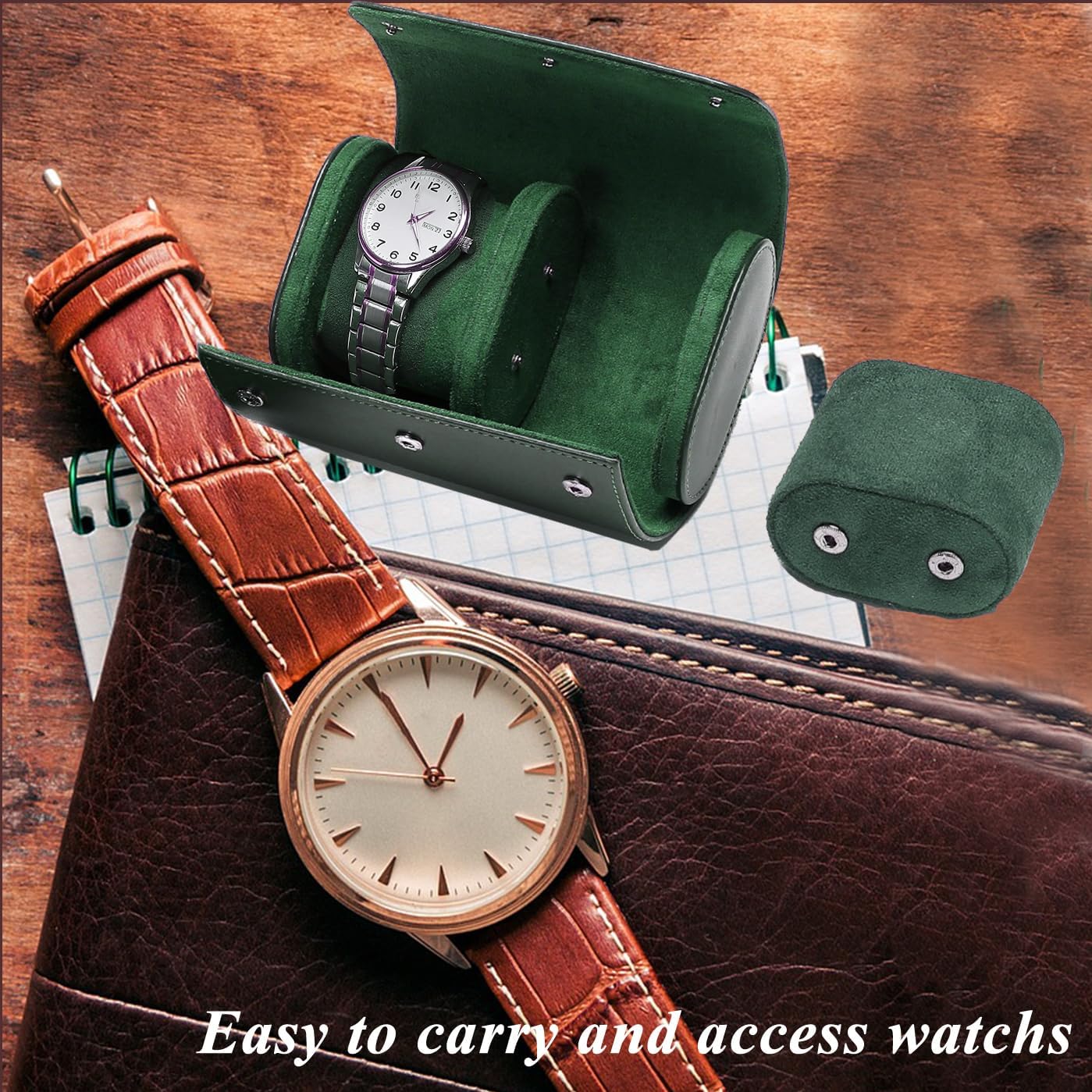 Watch Travel Case, Luxury Leather Watch Roll 2 Slot Organizer Box, Jewelry Storage Case Gifts for Man and Woman Christmas Anniversary Birthday (Green-2slot)